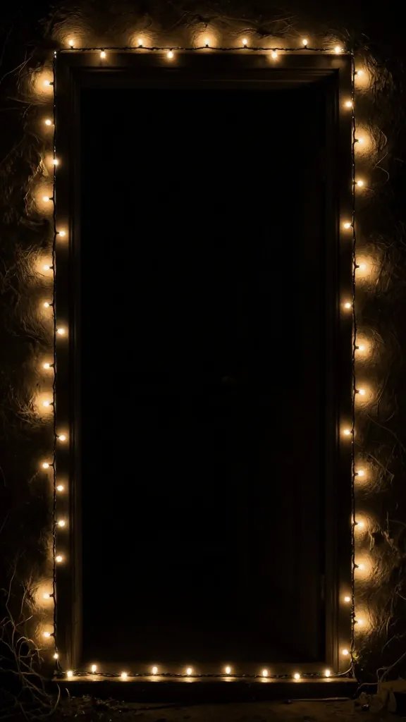 closeup of string lights outlining a haunted doorway silhouette