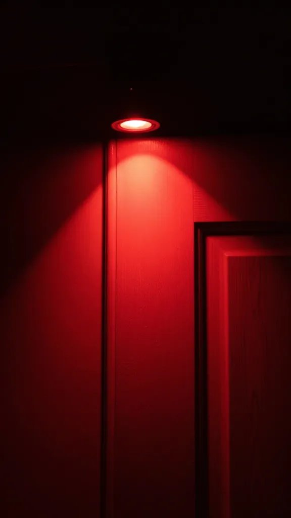 closeup of a red LED spotlight casting dramatic shadow on door