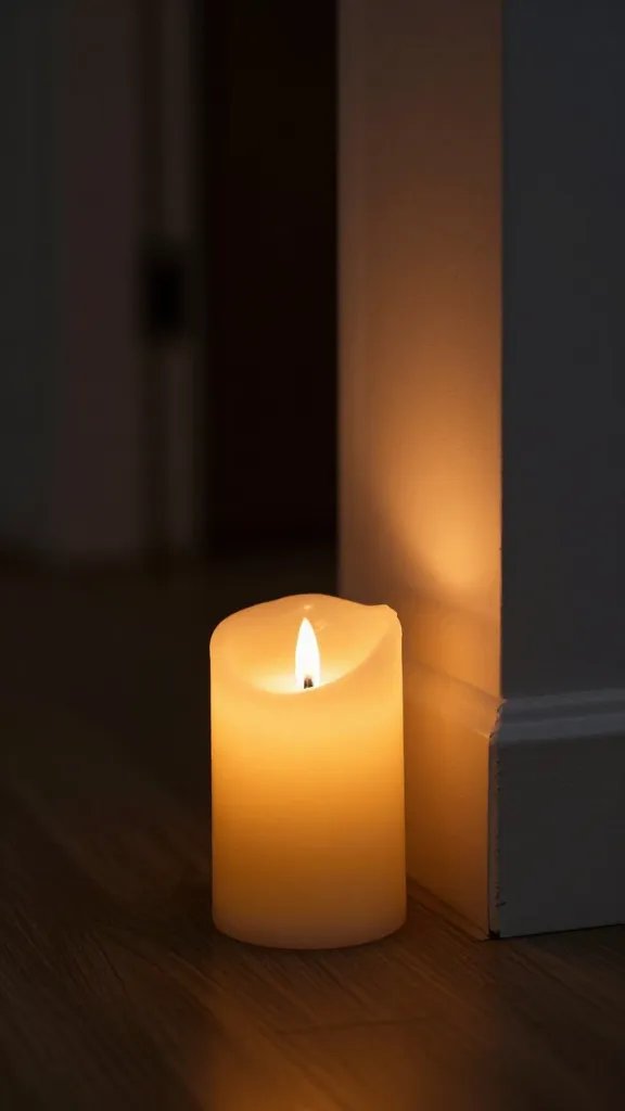 closeup of a single flickering LED candle next to doorway