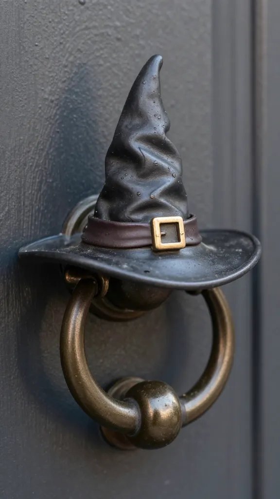 closeup of a small witch hat accent on door knocker