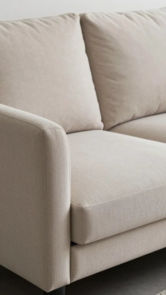 closeup of a low-profile sofa with clean lines in a compact living room