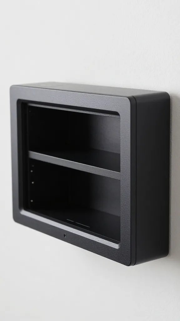 closeup of a compact wall-mounted media console with open sightlines