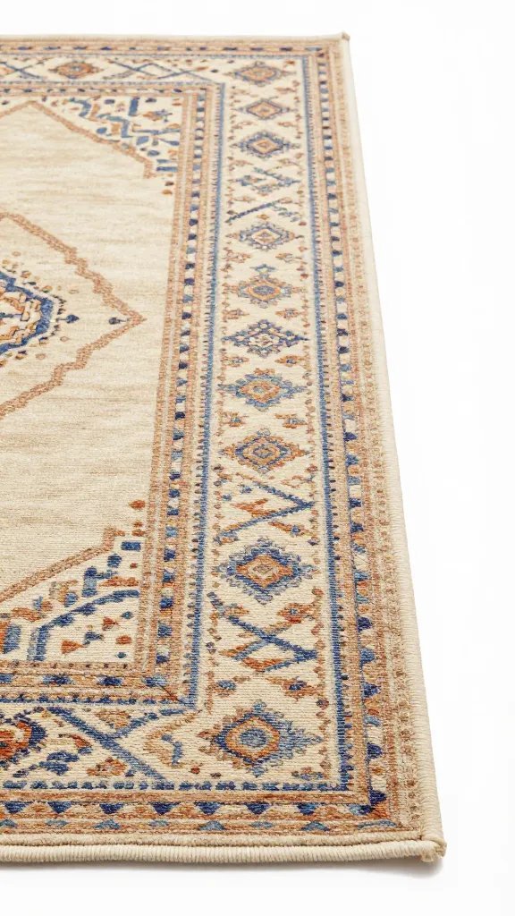 closeup of an accent rug’s edge defining a small seating area