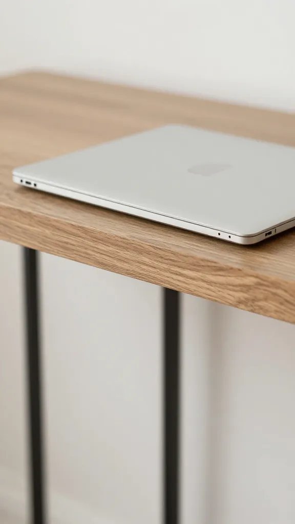 closeup of a slim 14–18 inch deep console desk with laptop tucked in