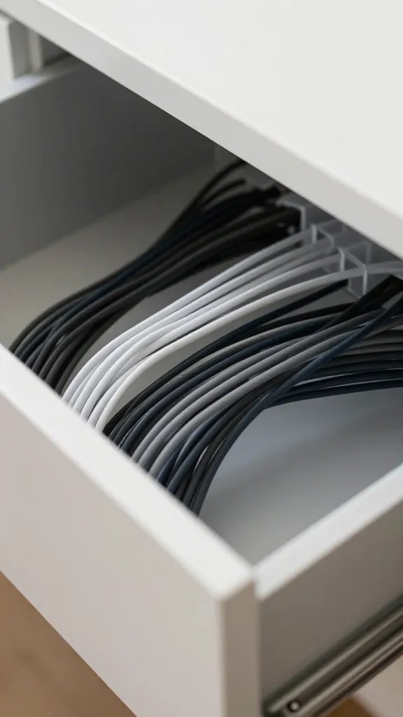 closeup of a pull-out desk drawer showing hidden cords neatly organized