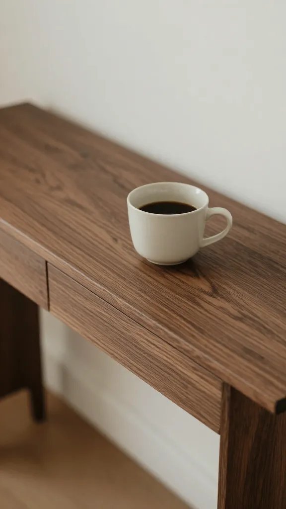 closeup of a living room console–desk hybrid with a coffee cup on surface