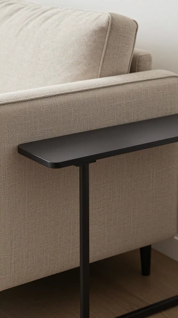 closeup of a cozy sofa paired with a slim console desk as side table