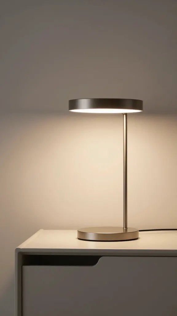 closeup of a modern desk lamp atop a compact dual-purpose console