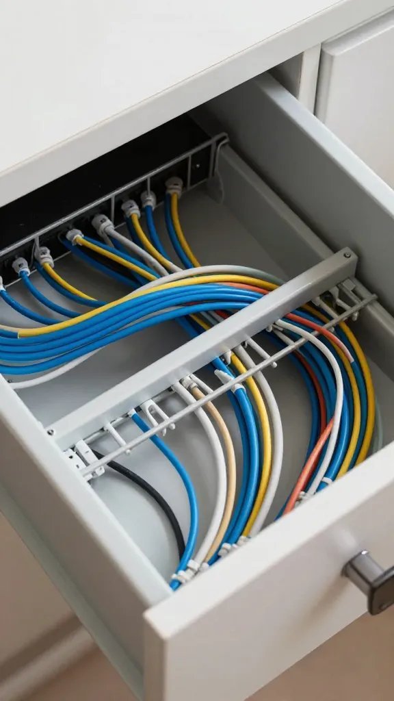 closeup of a cable tray inside a shallow desk drawer with neatly routed cords