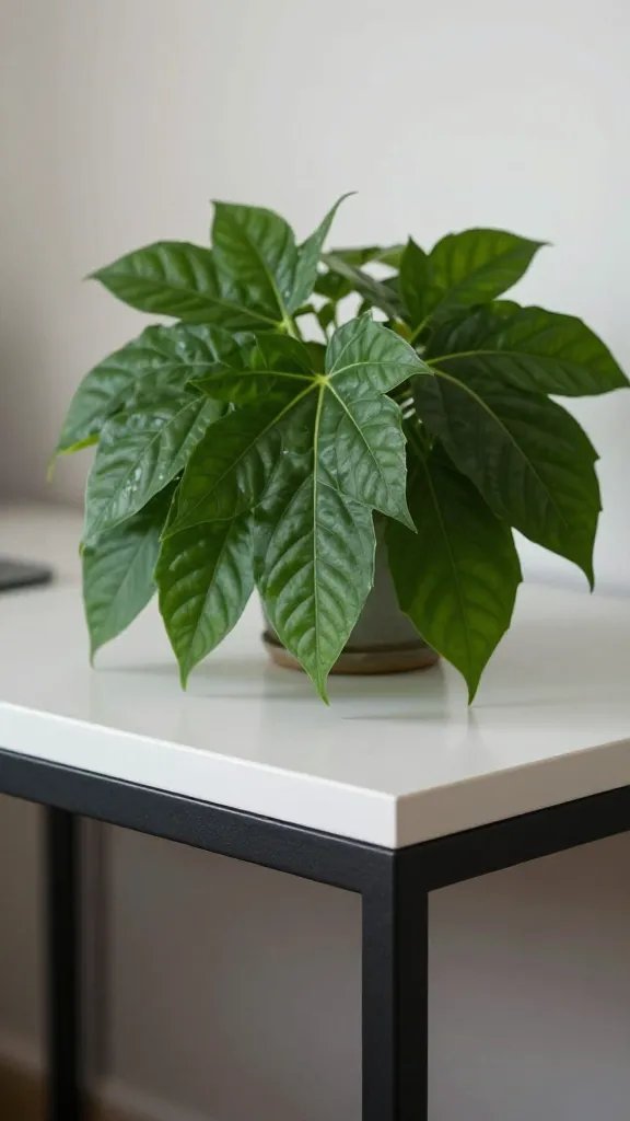closeup of a plant resting on a console that doubles as a work surface