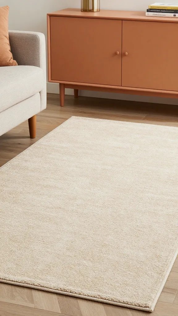 closeup of a rug, sofa, and a matched console desk color harmony closeup