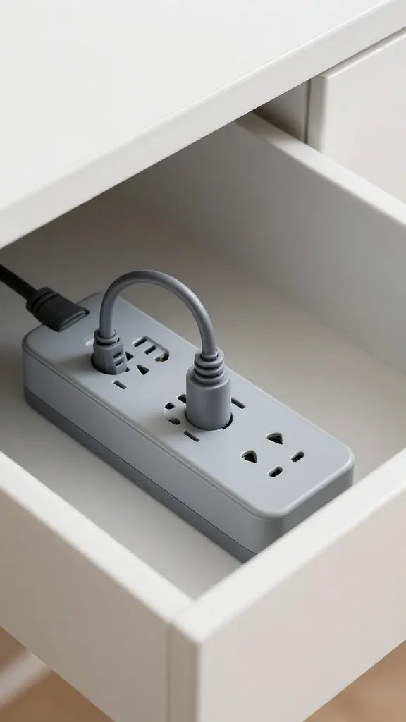 closeup of a stylish power strip inside a desk drawer keeping cords tidy
