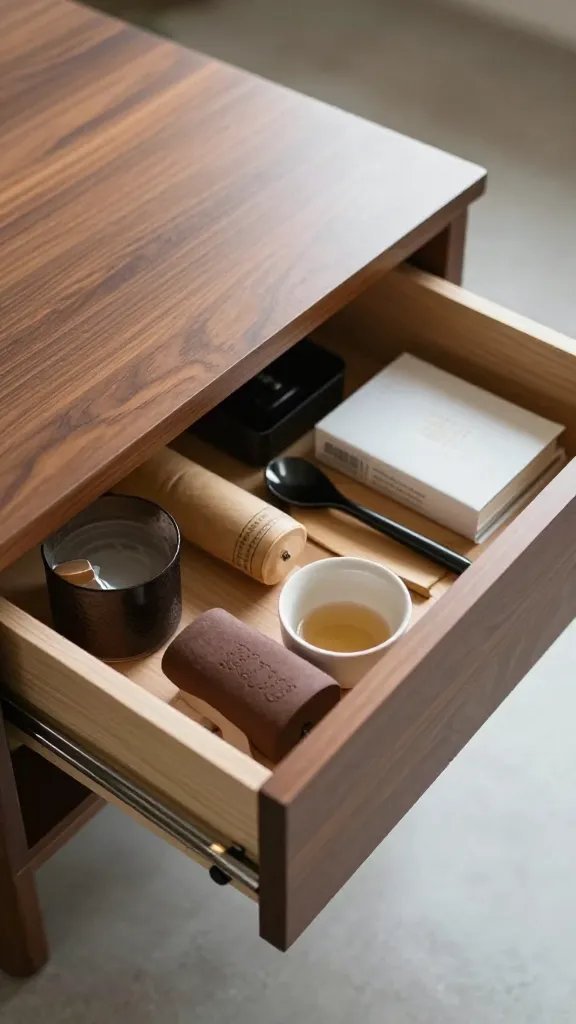 compact coffee table drawer pulled out revealing contents