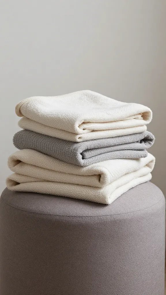 folded throw blankets stacked on storage ottoman