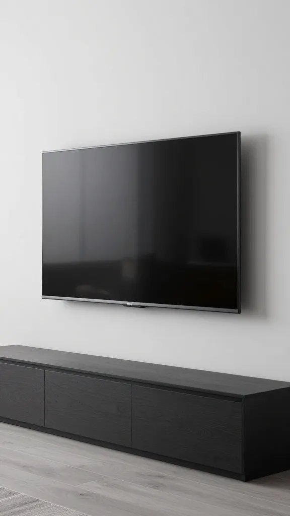 slim wall-mounted TV mounted above hidden storage unit