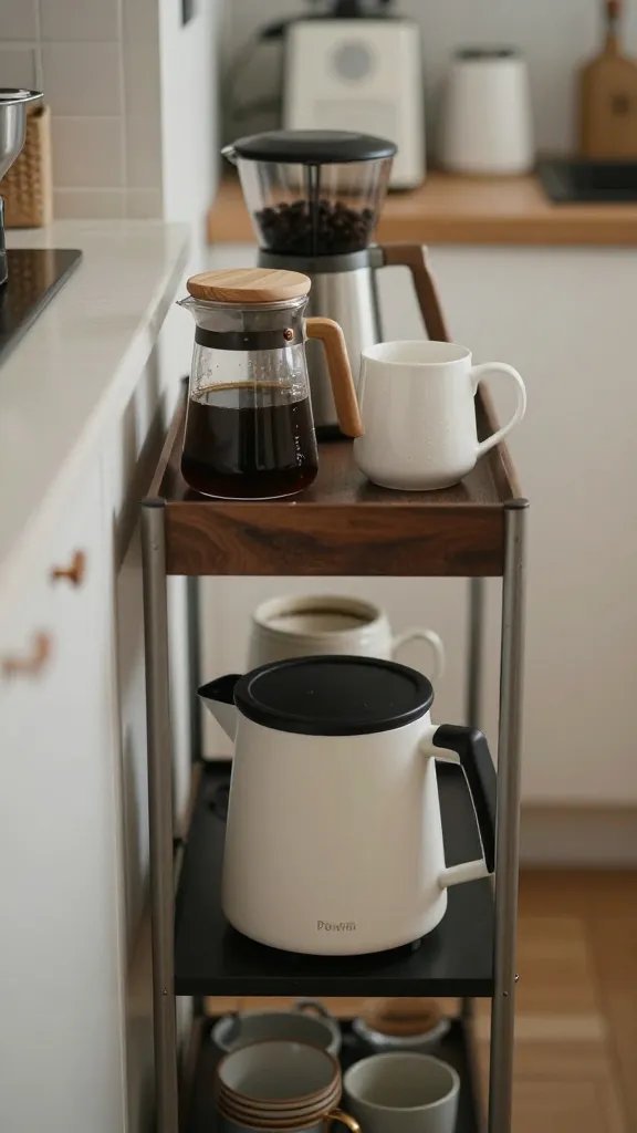 closeup of a narrow kitchen cart with coffee setup
