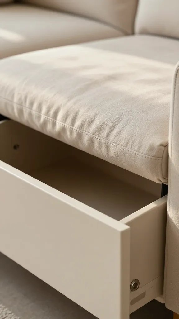 closeup of a sofa with built-in storage and visible sunlit edge
