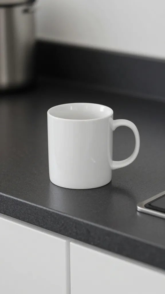 closeup of a coffee mug on a compact kitchen island