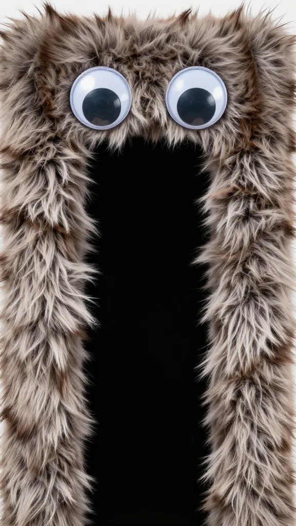 Closeup of faux fur door frame with googly eyes