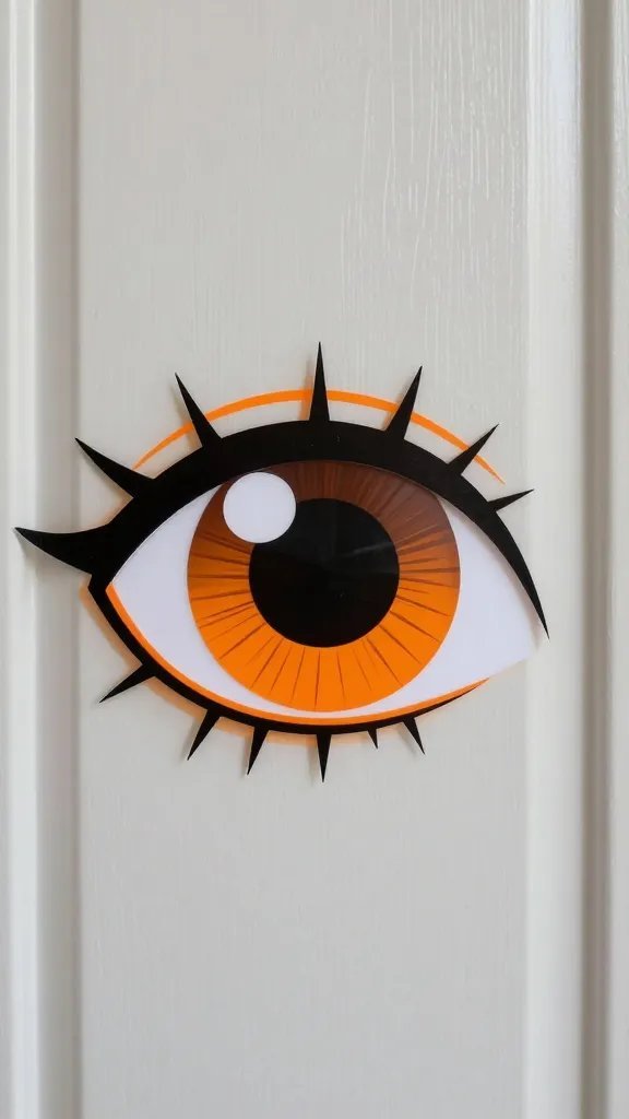 Closeup of orange Halloween-accented eye decals on door