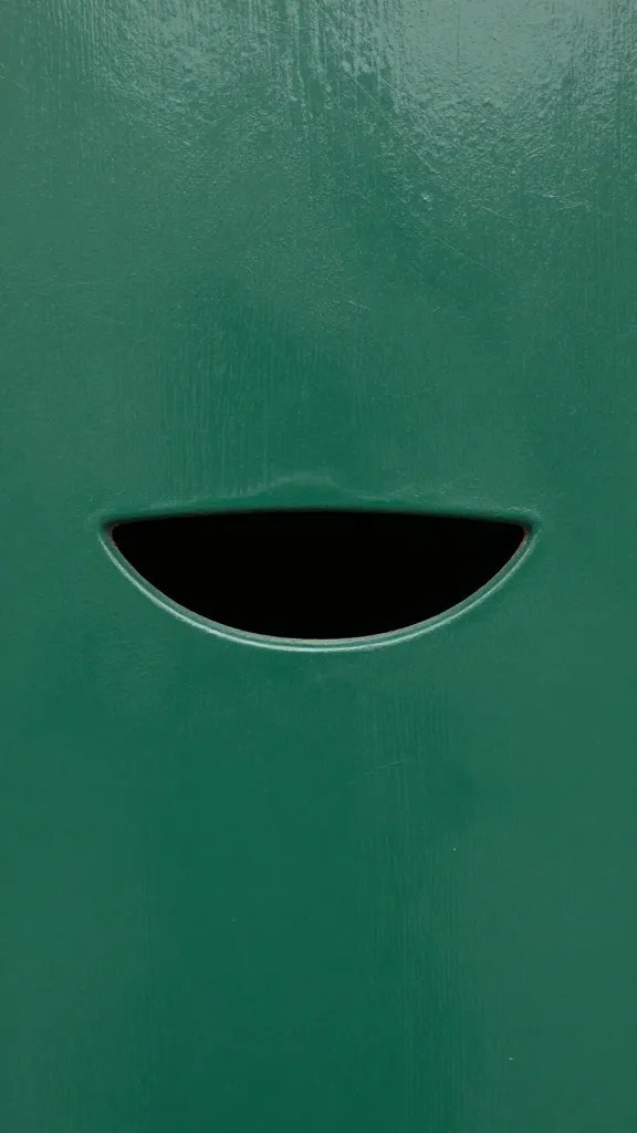 Closeup of single mouth cutout on forest-green door
