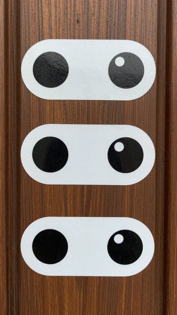 Closeup of weatherproof eye decals on wooden door