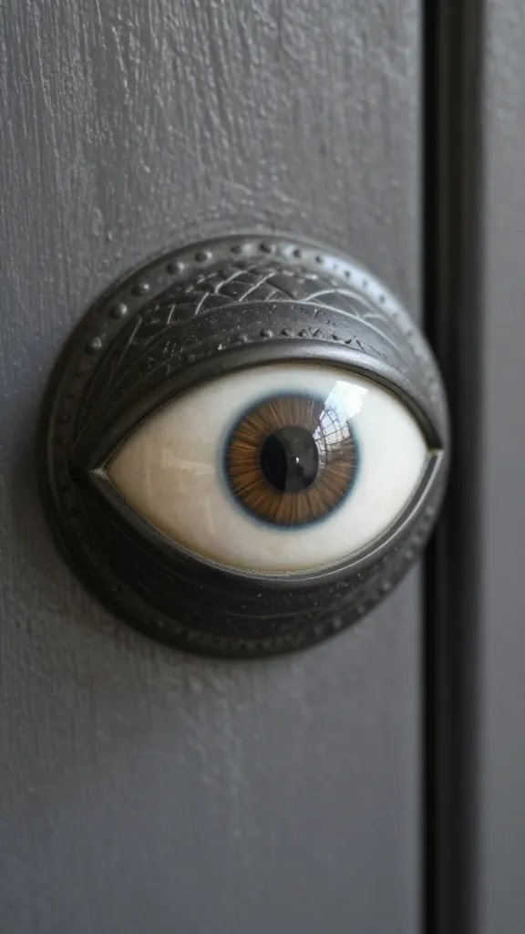 Closeup of welcoming door handle beside monster-eye motif
