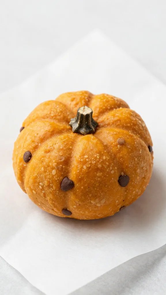 Closeup of a single pumpkin spice energy bite on white parchment