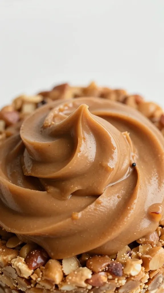 Closeup of a single nut butter swirl on energy bite top