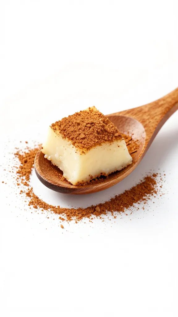 Single bite resting on wooden spoon with cinnamon dust