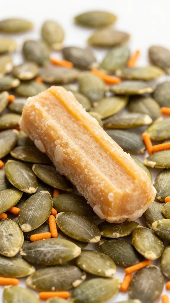 Closeup of a lone energy bite beside pumpkin seed sprinkles