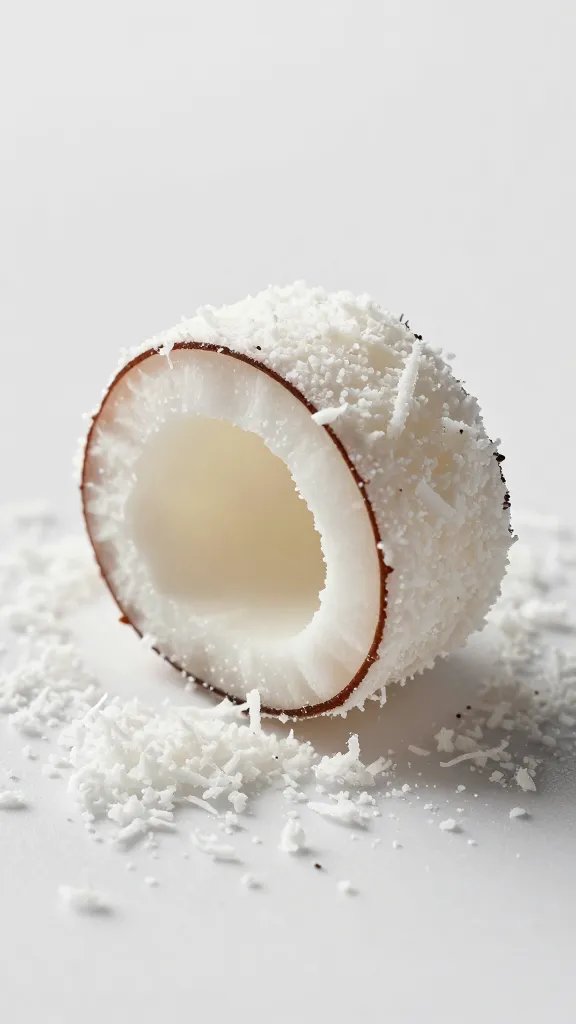 Closeup of a single bite rolled in shredded coconut
