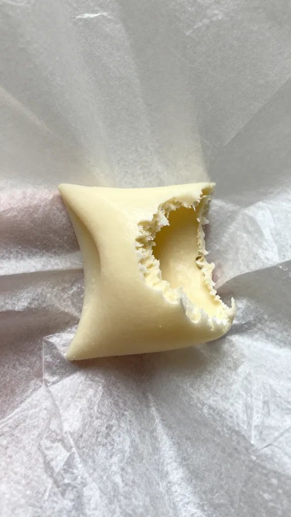 Closeup of a single bite wrapped in clear wax paper top view