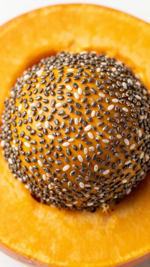 macro shot of chia-speckled pumpkin ball cross-section