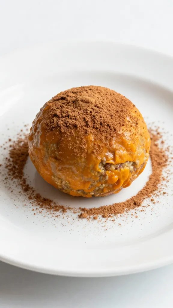 single pumpkin protein ball with cinnamon dusting on white plate