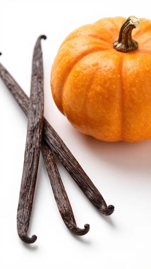 closeup of vanilla vanilla bean next to pumpkin ball