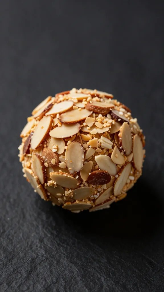 single protein ball with almond flakes topping, dark background