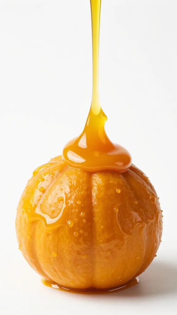 closeup of glossy pumpkin puree drizzle over ball