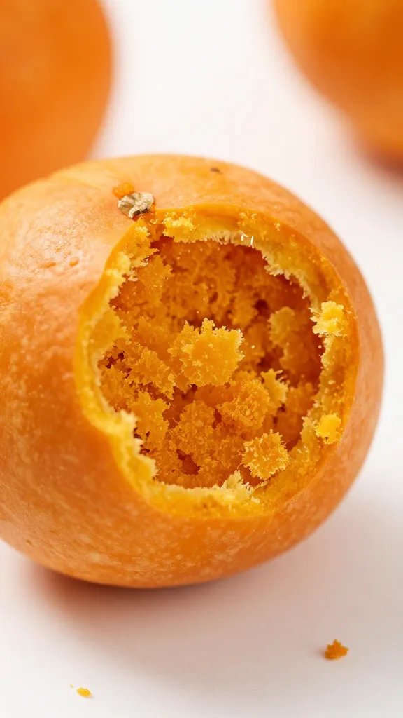 macro shot of soft crumb inside bitten pumpkin ball